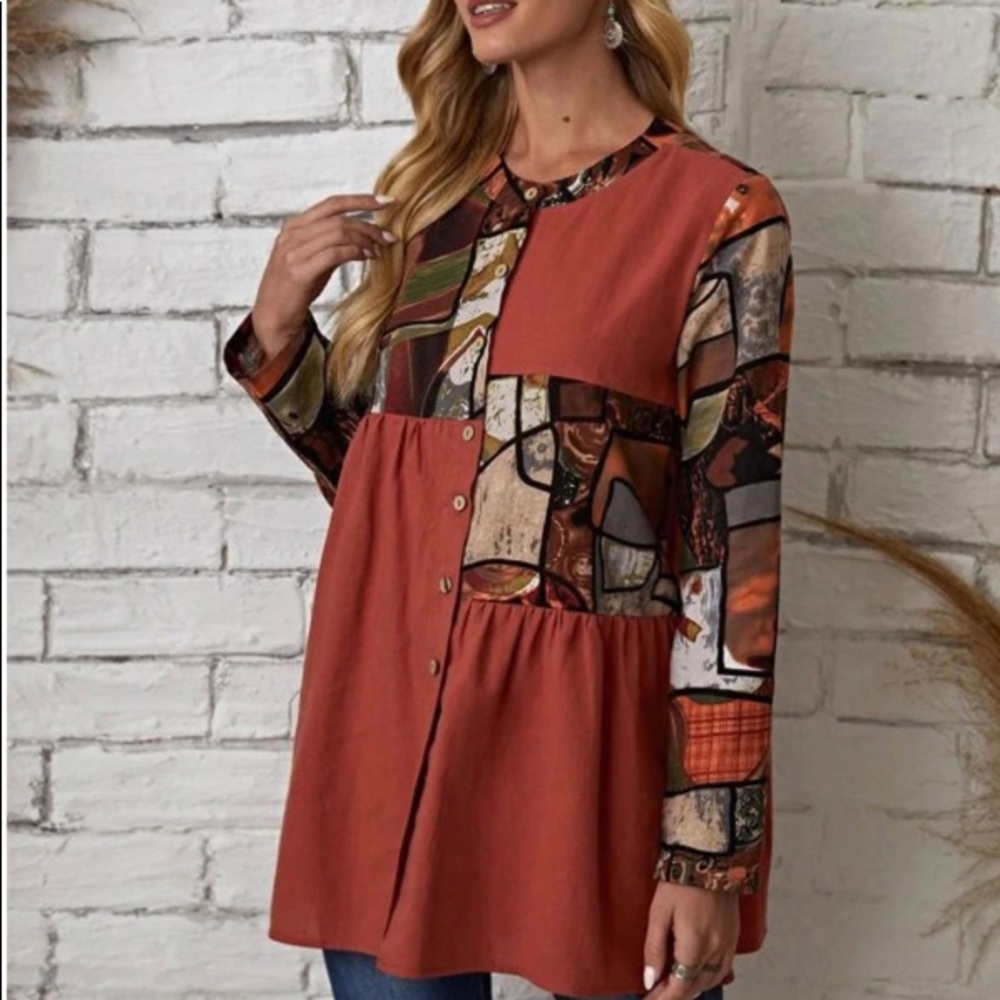 Abstract Color Block Blouse with mock neck. Polyester & Linen Blend.